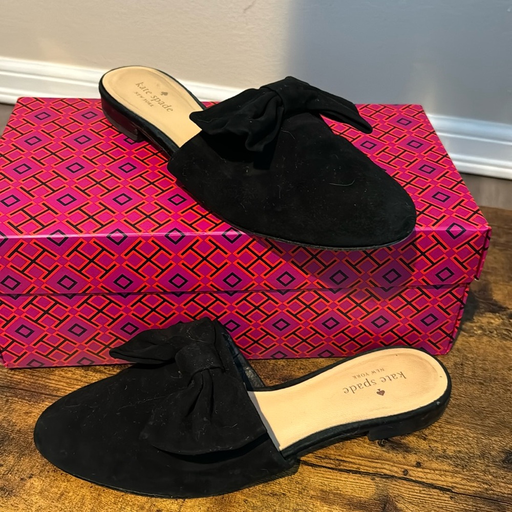Kate Spade black suede bow flat mules